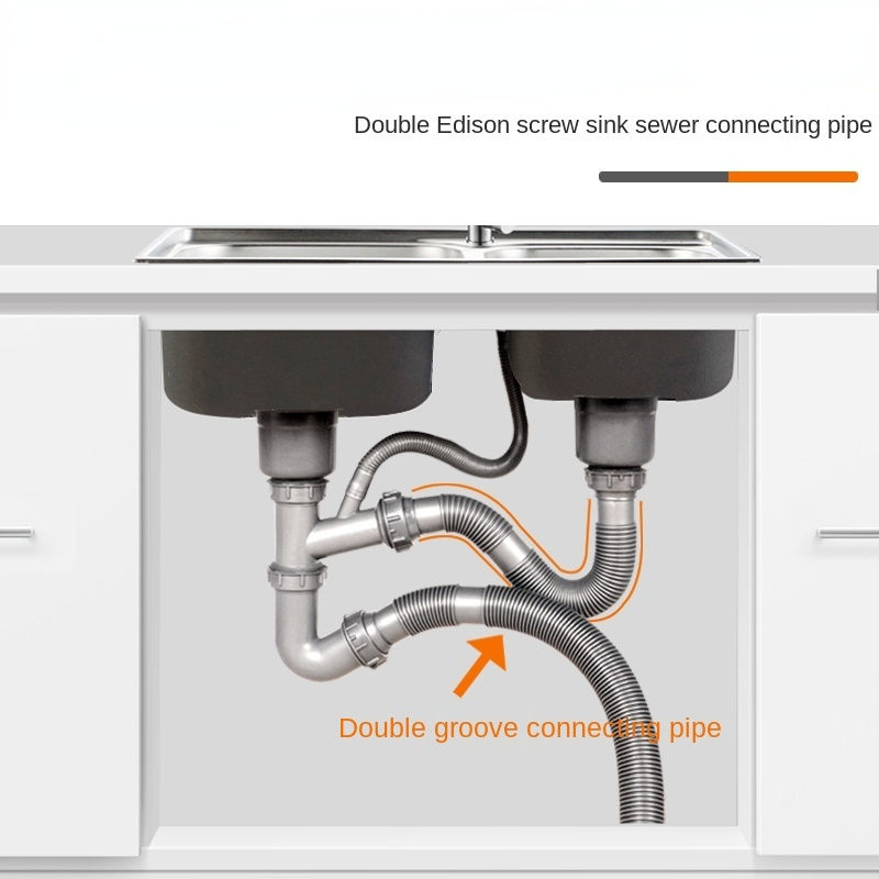 Thumbnail: Kitchen Double-head Sink Under The Water Pipe Dish Basin Sink Double Screw Drain