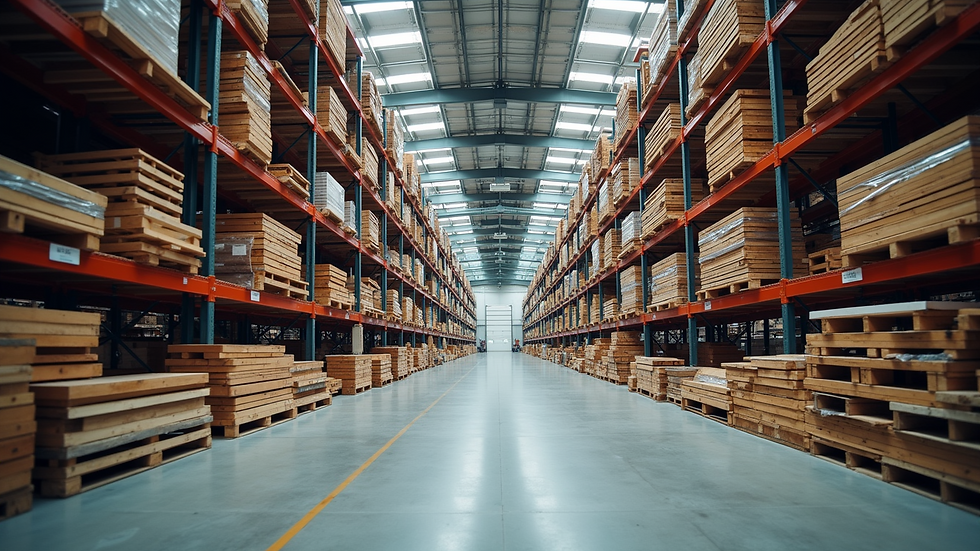 Wide angle view of a warehouse filled with various construction materials