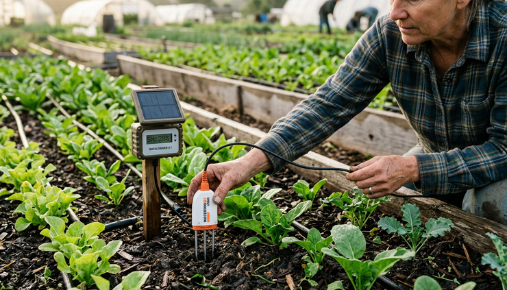 Close-up view of a soil sensor installed beside young crop plants