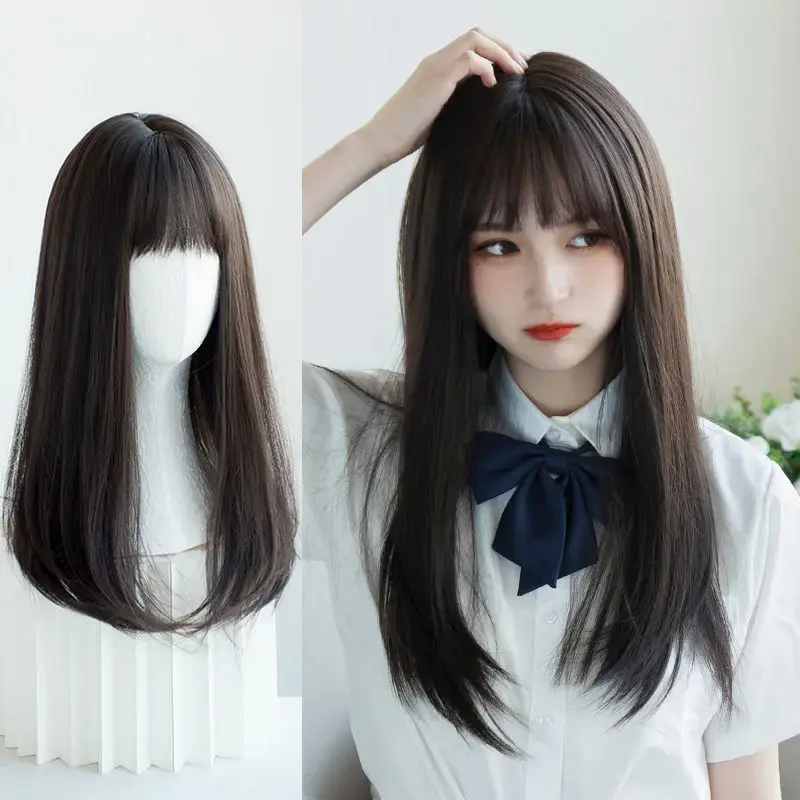 Thumbnail: 💕 Synthetic JK Girl Cosplay Air Bangs Wig – Long Straight Hair Extension