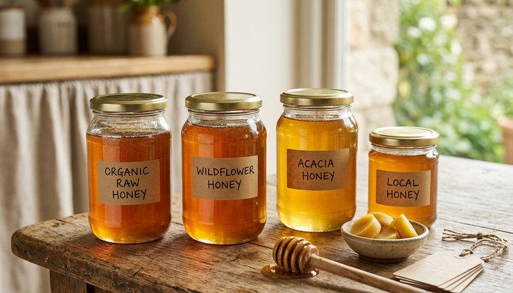 Eye-level view of filled honey jars on a wooden table near a honey dipper
