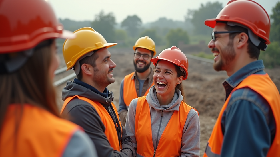 Wide angle view of a construction team celebrating a project milestone