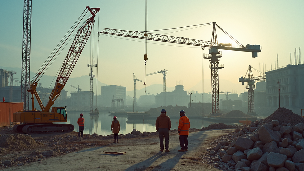 Wide angle view of a construction site with cranes and workers