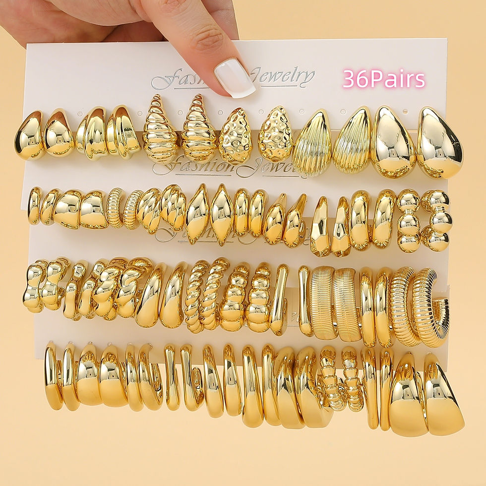Thumbnail: 36 PAIRS Trendy Golden C-shaped, Water-droplet, Threaded Earring Set, Wi