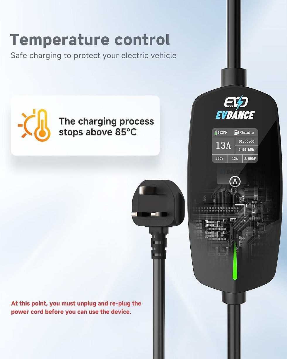 Thumbnail: EVDANCE Portable EV Charger Type 2 UK Plug 13A 2.99KW EVSE Charger Current Adjus