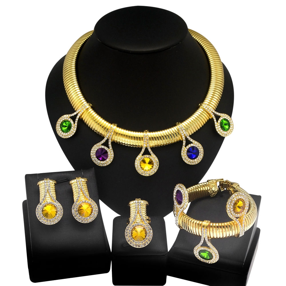 Women Jewelry Set Luxury 24K Gold Plated Colorful Rhinestone Necklace Earrings G