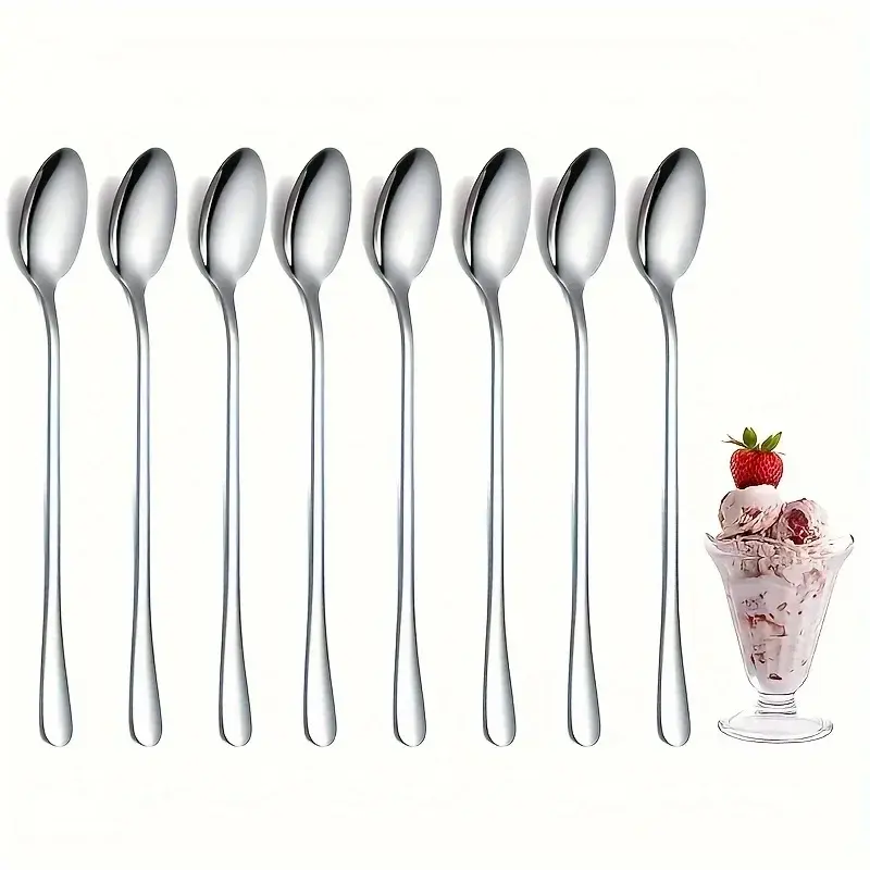 Thumbnail: 1 set of 8 long handled spoons, thickened stainless steel coffee spoons, pointed