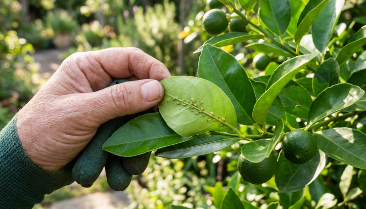 Close-up view of citrus leaves being checked for pests by hand.