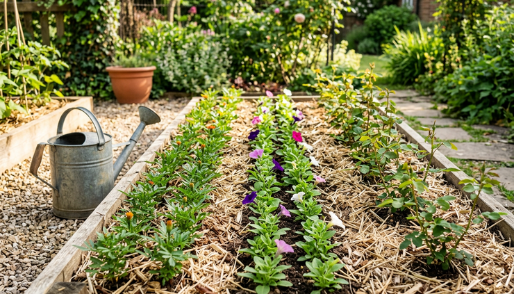 Eye-level view of flower seedlings planted in rows with mulch and a watering can beside the bed