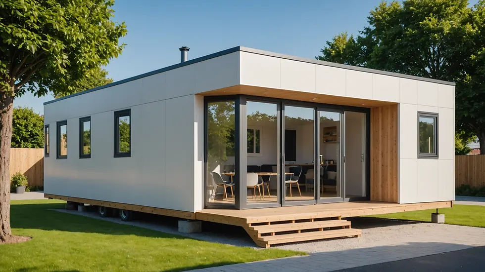 Eye-level view of a prefabricated modular home in an urban setting