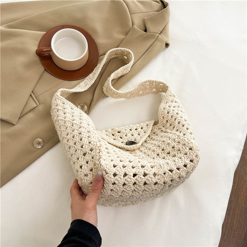 Thumbnail: Women Handmade Knitted Handbag Simple Khaki Beige Bohemian Shoulder Bag Lady Reu