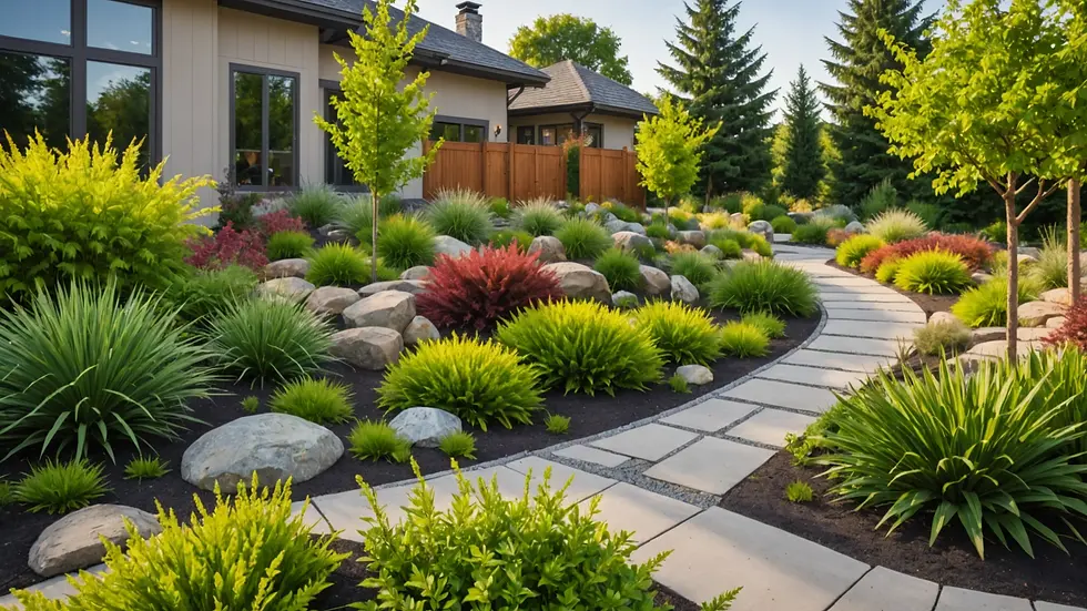 Wide angle view of eco-friendly landscaping with native plants