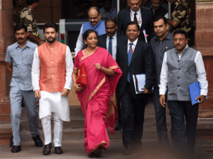 Finance Minister Nirmala Sitharaman holds Union Budget 2020-21 to present in the Lok Sabha, in New Delhi
