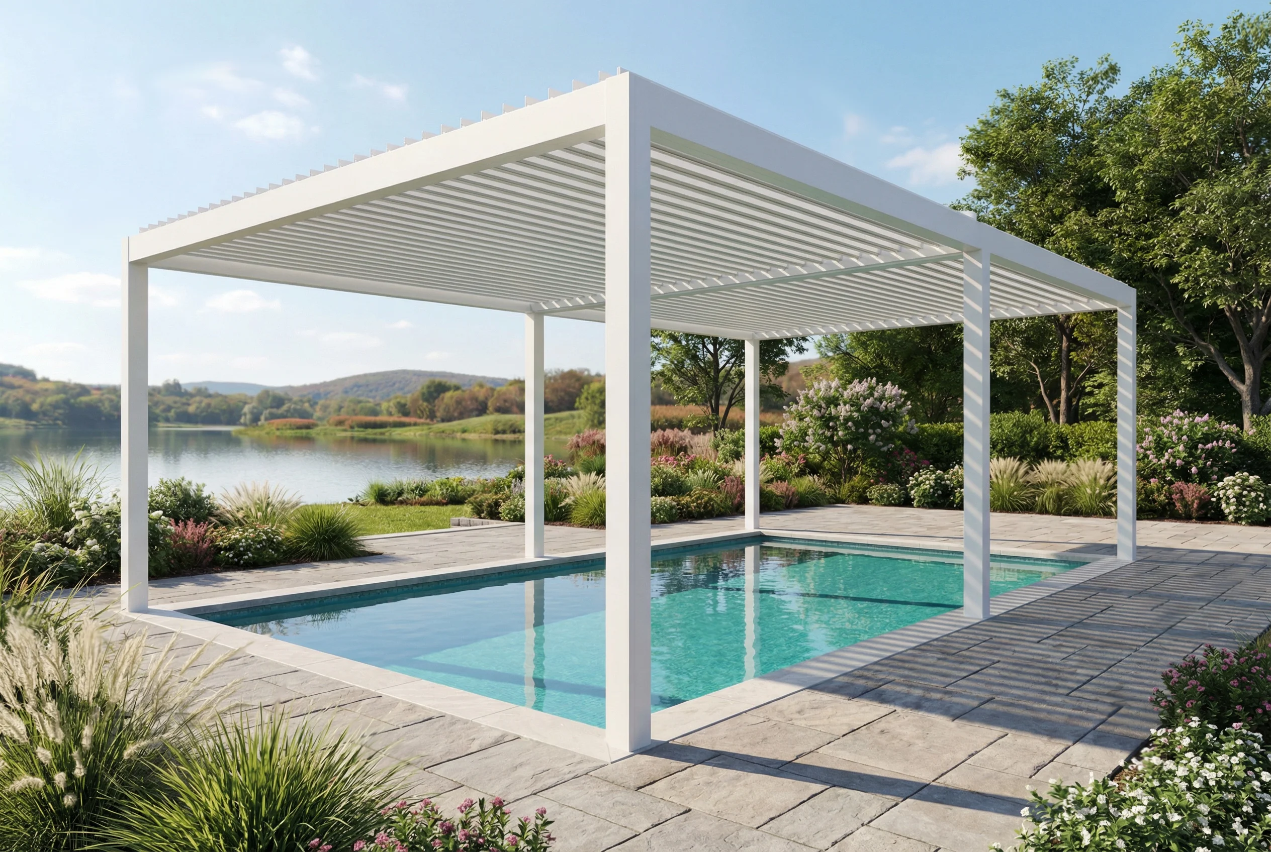 Motorized pergola installed over pool patio by Allscape Patio
