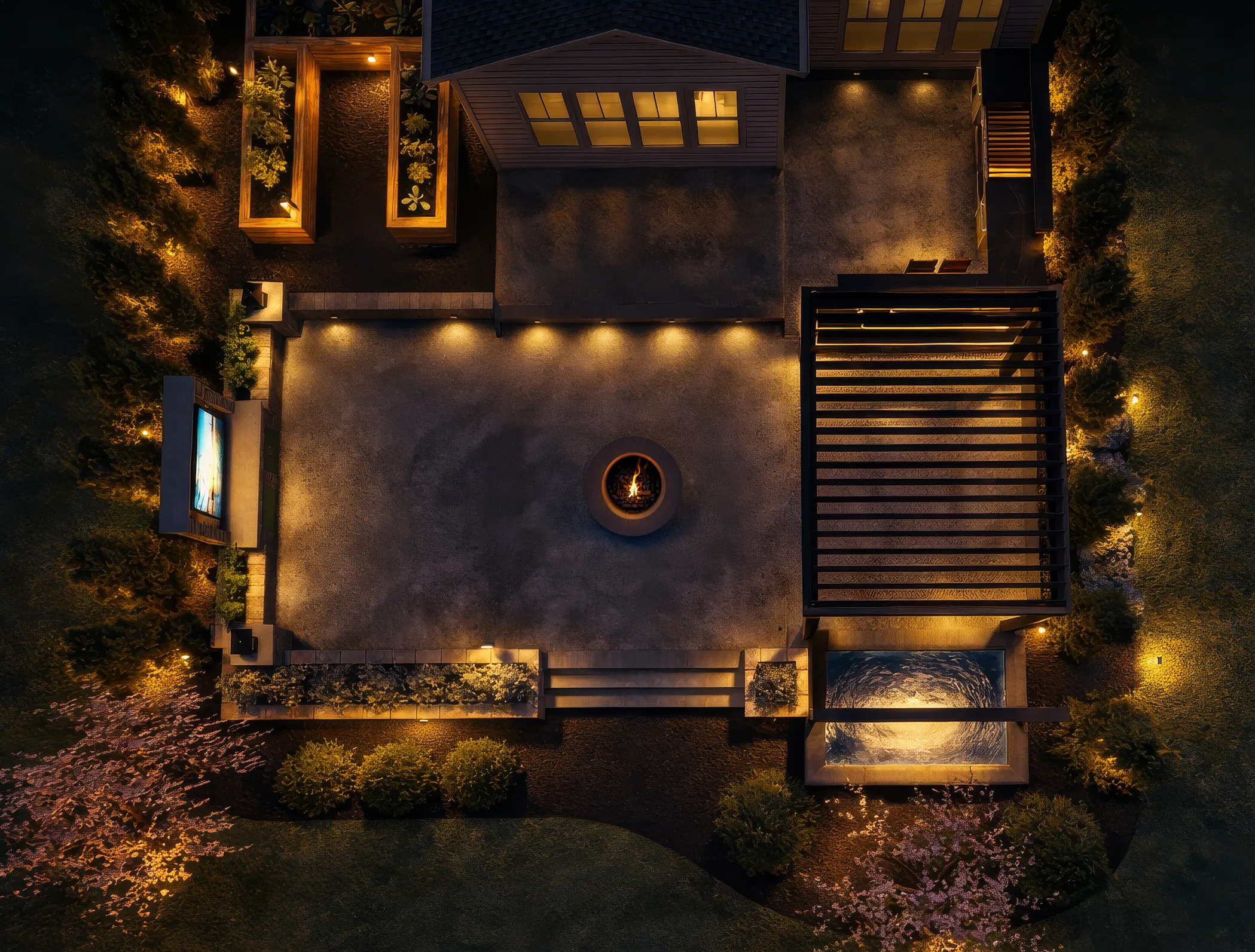 Custom Motorized Pergola with Integrated Mood Lighting and Textured Concrete Patio