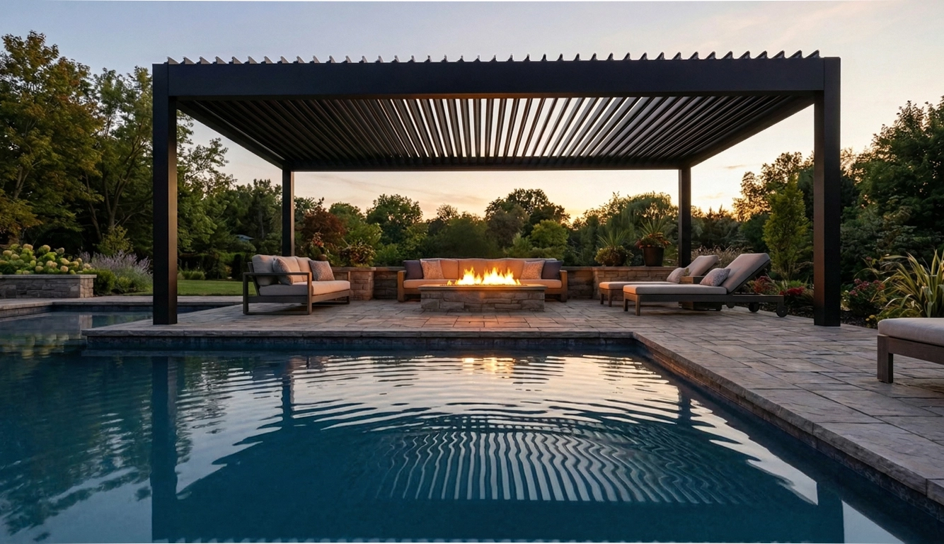 Motorized pergola over a swimming pool creating a luxury outdoor living and poolside lounge space.