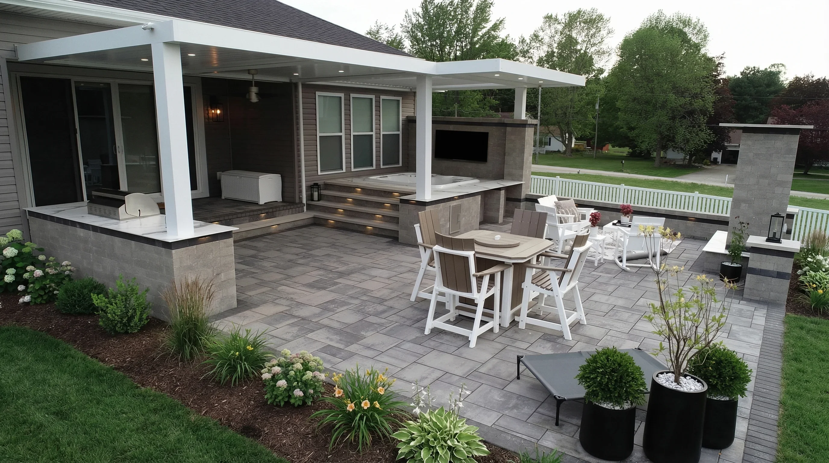 Luxury outdoor living patio with modern motorized pergola, outdoor kitchen, and seating area installed by Allscape Patio in Wadsworth, Ohio.