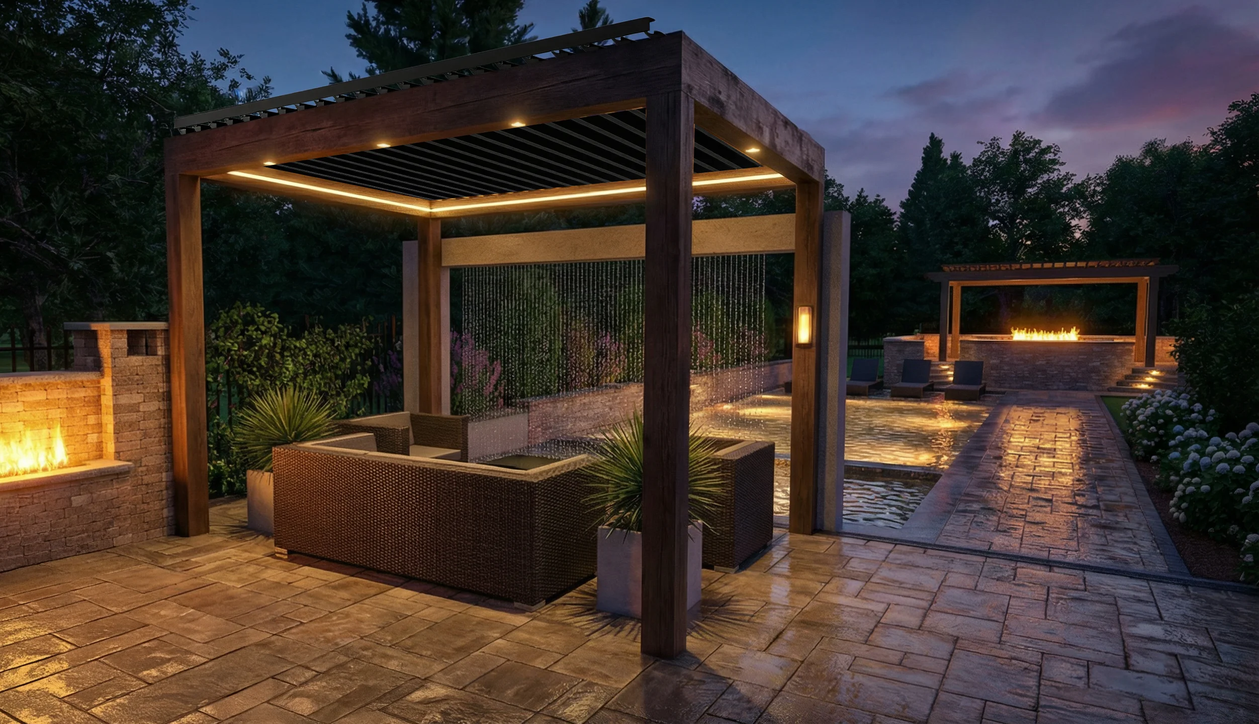 Custom motorized pergola with adjustable louvers and integrated LED lighting designed by Allscape Patio in North Canton, Ohio
