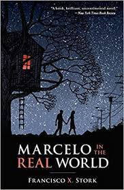 Silhouetted figures hold hands under a starry sky with a treehouse. "Marcelo in the Real World" by Francisco X. Stork is the text.