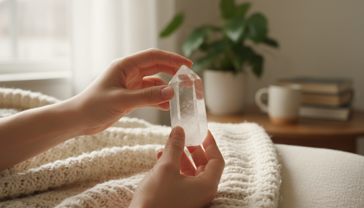 Eye-level view of hands holding a clear quartz crystal during meditation.