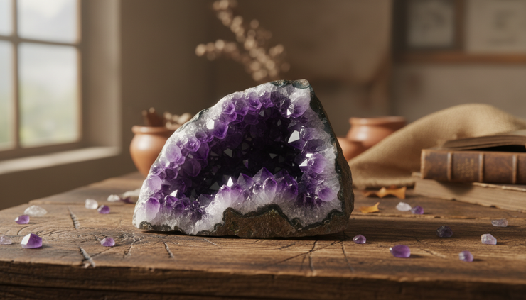 Wide-angle view of a geode with purple amethyst crystals inside.