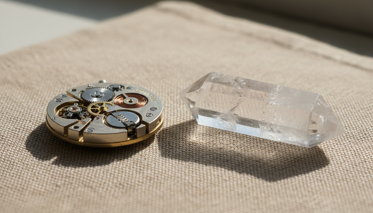 Close-up view of a small quartz watch mechanism beside a quartz point.