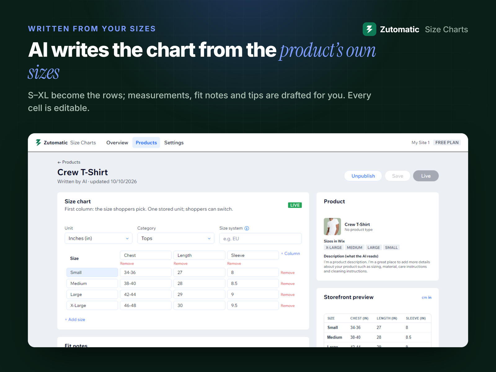 AI Size Chart & Size Guide feature detail — Apps for Stores app on the Wix App Market