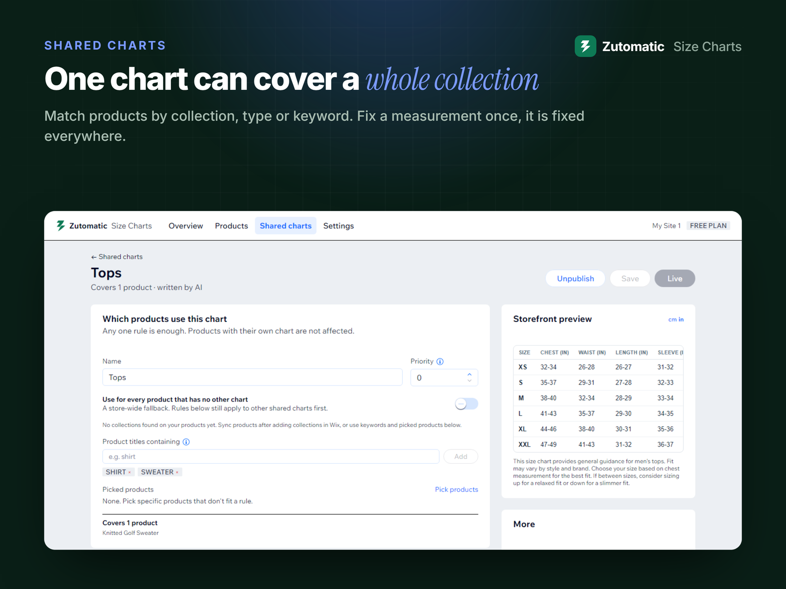 AI Size Chart & Size Guide settings interface — Apps for Stores app on the Wix App Market