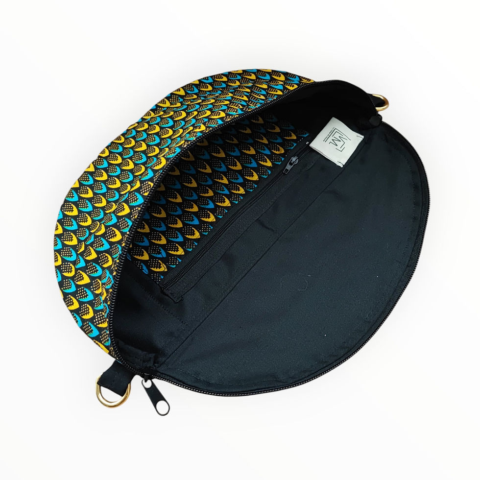 Sac banane en tissu africain wax écailles de poisson jaune et bleu