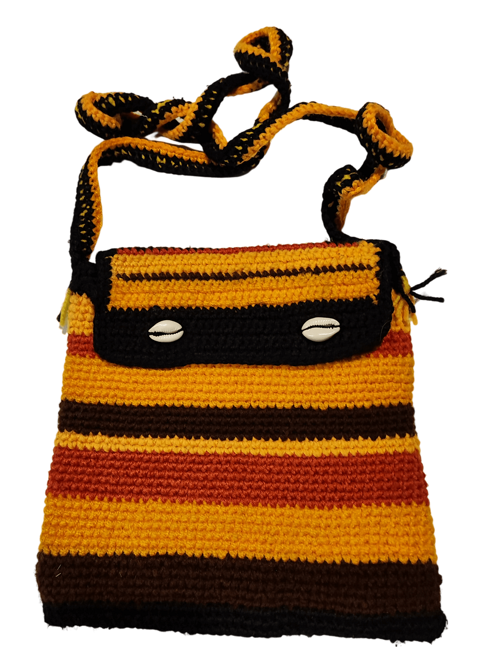 sac pochette en crochet et cauri jaune noir