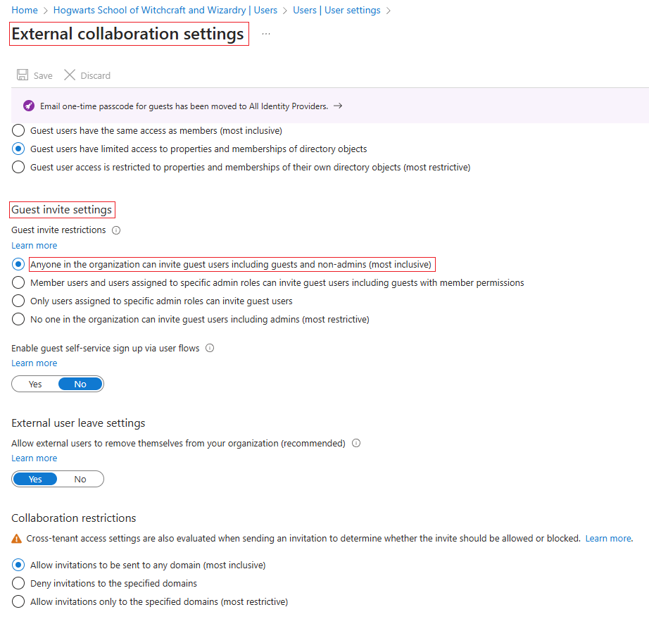 Default external collaboration settings in Azure