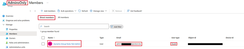 Guest user automatically added to the "AdminsOnly" Dynamic Group based on dynamic membership rules