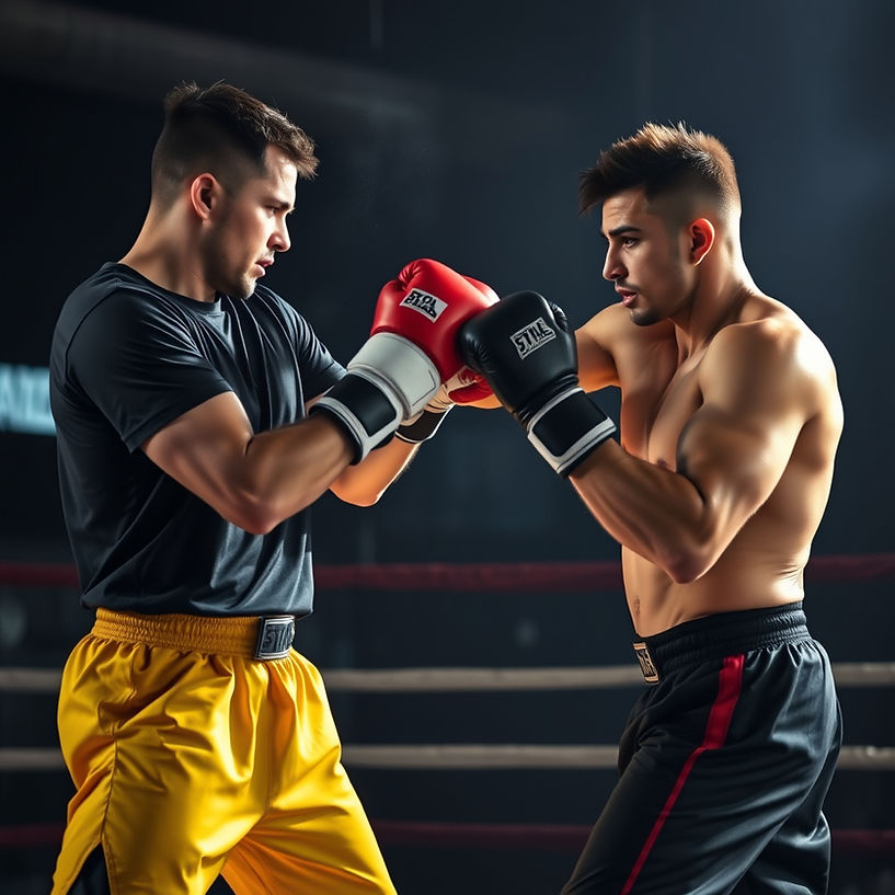 Generate a picture of two professionals doing boxing or self defence training with each ot