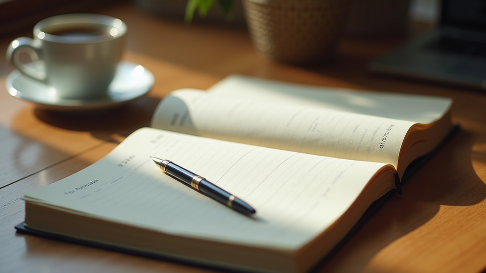 High angle view of a journal and pen on a wooden desk
