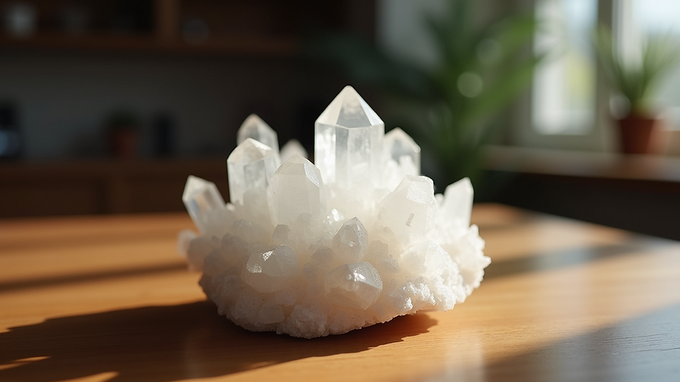 Close-up view of a crystal cluster on a wooden table