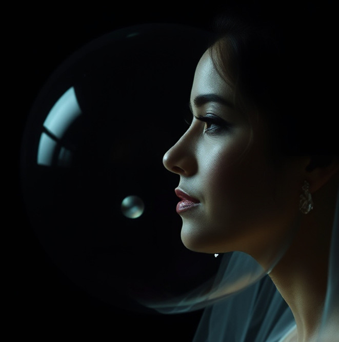 bride head in bubble in dark space.jpg
