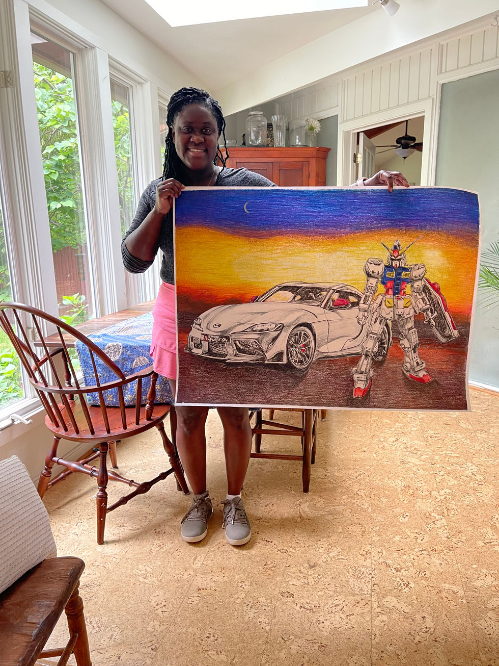 Artist holding robot and car illustration