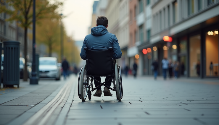 Eye-level view of a person using a wheelchair moving along a city sidewalk