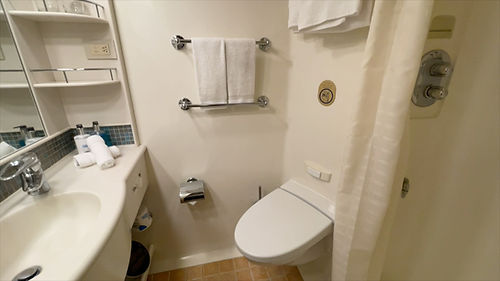 Compact bathroom inside an Island Princess balcony cabin showing the sink, toilet, and curtained shower.