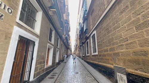 A view looking down a characteristically narrow, sunlit street in the historic old town of Cadiz, Spain, featuring tall buildings with intricate wrought-iron flower balconies.