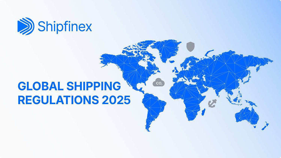 Blue world map with triangular patterns on a gradient background. Text reads: Global Shipping Regulations 2025. Shipfinex logo at top left.