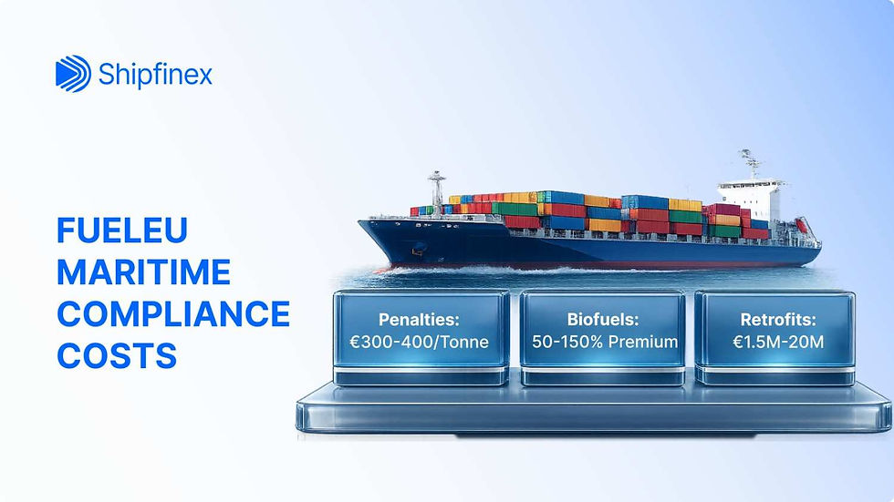 A cargo ship carries colorful containers on the sea. Text reads "Shipfinex, FUEL EU MARITIME COMPLIANCE COSTS." Details: Penalties, Biofuels, Retrofits.