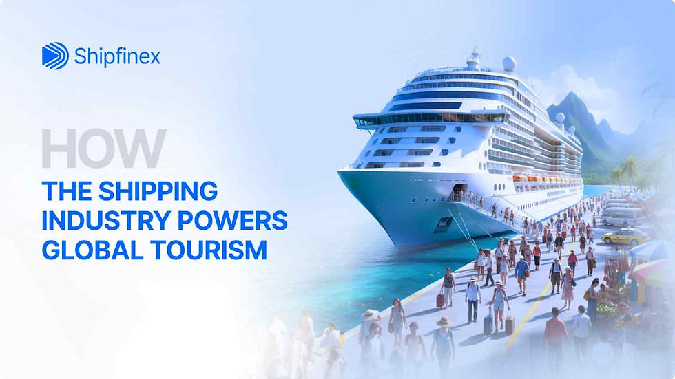 Cruise ship docked beside palm-covered mountains, with tourists disembarking. Text: HOW THE SHIPPING INDUSTRY POWERS GLOBAL TOURISM.