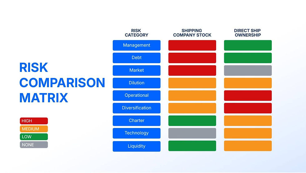 Risk comparison matrix with categories: management, debt, market, dilution, and more. Color-coded for high to no risk: red, orange, green, gray.