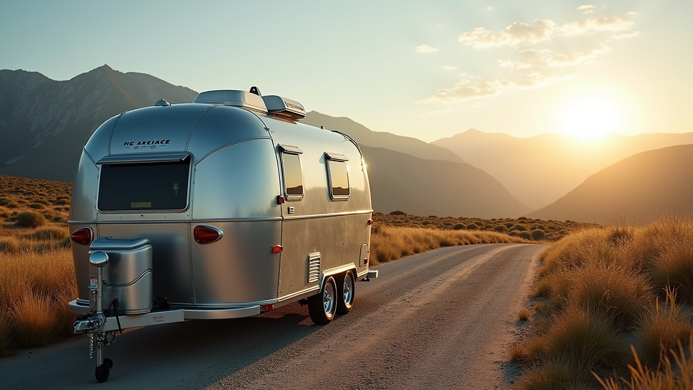 Eye-level view of a sleek, modern travel trailer parked in a scenic location