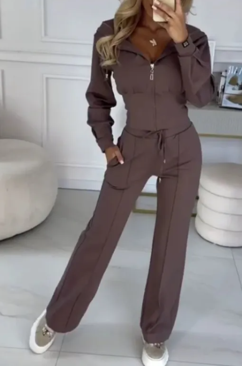 Thumbnail: Hooded Zipper Jacket with Tight-Fitting Bottom Set