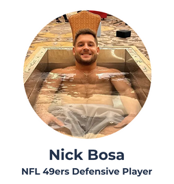 Nick Bosa submerged in his Morozko ice bath up to his neck, preparing for the Super Bowl.