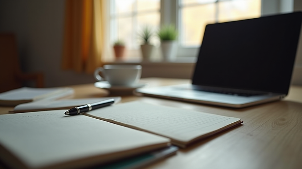 Eye-level view of a cozy study desk with a laptop and a cup of tea