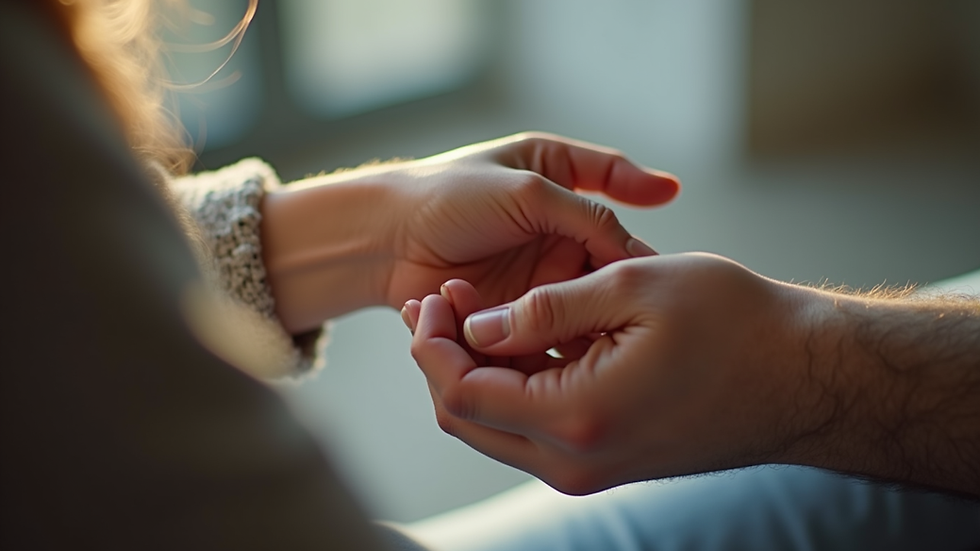 Close-up view of a therapist’s hand gently guiding a client’s gaze during a session