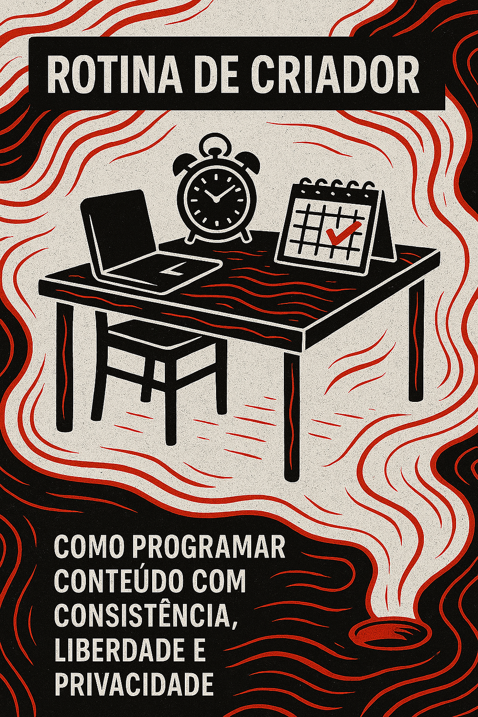 Ilustração digital em preto, branco e vermelho, no estilo gráfico minimalista e psicodélico, mostra uma mesa com computador, cadernos e um relógio, simbolizando planejamento. Ao fundo, calendário que representa a organização de conteúdo com liberdade e consistência. A imagem evoca foco, estratégia e introspecção na rotina de criação.